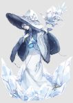  anotherxalice blue_headwear cartolaio flower full_body fur_trim glasses grey_background hat hat_flower holding holding_staff ice light_blue_dress monocle official_art old_woman pale_skin pince-nez short_hair simple_background staff standing white_hair wide_sleeves witch_hat 