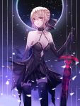  1girl absurdres artoria_pendragon_(all) black_bow black_gloves black_legwear black_skirt blonde_hair bow braided_bun breasts choker cleavage collarbone dark_excalibur elbow_gloves eyebrows_visible_through_hair fate/stay_night fate_(series) formal gloves hair_between_eyes hair_bow halterneck highres holding holding_sword holding_weapon hongsung0819 huge_filesize looking_at_viewer miniskirt pleated_skirt saber_alter short_hair skirt skirt_suit solo standing suit sword thighhighs weapon yellow_eyes zettai_ryouiki 