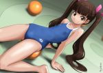  &gt;:) 1girl arm_support ball bangs bare_arms bare_legs bare_shoulders barefoot blue_swimsuit blunt_bangs breasts brown_eyes brown_hair closed_mouth clothes_writing collarbone competition_swimsuit dutch_angle eyebrows_visible_through_hair gluteal_fold hair_ribbon leaning_back long_hair looking_at_viewer one-piece_swimsuit original pink_ribbon ribbon rohitsuka small_breasts smile solo swimsuit translation_request twintails v-shaped_eyebrows very_long_hair 
