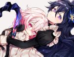  2girls bangs bare_shoulders black_bow black_dress black_hair blue_flower bow closed_mouth commentary dabi_(dabibubi) daydreamer_(elsword) dress dutch_angle elsword eyebrows_visible_through_hair flower grey_background hair_between_eyes hair_flower hair_ornament hand_up juliet_sleeves laby_(elsword) long_hair long_sleeves looking_at_viewer maid multiple_girls nisha_labyrinth_(elsword) pink_eyes pink_hair puffy_sleeves purple_eyes simple_background smile tears very_long_hair white_dress 