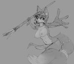  2019 anthro black_nose breasts canid canine clothed clothing female fox fur greyscale hair hairband hi_res jewelry krystal mammal markings melee_weapon monochrome navel necklace nintendo nipples oughta polearm short_hair sketch solo spear star_fox tailband topless tribal_markings video_games weapon 