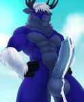  anthro antlers balls big_balls big_penis body_hair capreoline cervid cum cum_drip cum_on_balls cum_on_penis dripping erection fur hair happy_trail hi_res horn humanoid_penis looking_at_viewer male mammal muscular muscular_male nude penis reindeer seibear solo standing vein 