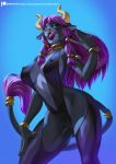  2019 alanscampos anthro blue_eyes bovid bovine breasts cattle clothed clothing digital_media_(artwork) facial_piercing female hair hi_res horn licking licking_lips long_hair mammal nipple_outline nose_piercing nose_ring patreon piercing purple_hair solo tongue tongue_out url 