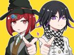  1boy 1girl black_hair black_headwear bob_cut checkered checkered_scarf commentary_request danganronpa dot_nose eyebrows_visible_through_hair hair_between_eyes hair_ornament hairclip hat heart highres jacket looking_at_viewer new_danganronpa_v3 ouma_kokichi piatin pink_heart pointing pointing_at_viewer purple_eyes purple_hair red_eyes red_hair scarf school_uniform shirt simple_background smile straitjacket sweater white_jacket witch_hat yellow_background yumeno_himiko 