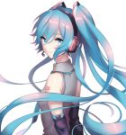  1girl akiyoshi_(tama-pete) arms_behind_back bare_shoulders blue_eyes breasts detached_sleeves floating_hair grey_shirt hatsune_miku headset light_smile long_hair looking_at_viewer looking_back number_tattoo shirt shoulder_tattoo simple_background sleeveless sleeveless_shirt small_breasts smile solo tattoo twintails upper_body very_long_hair vocaloid white_background 