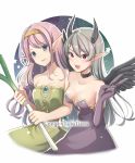  2girls absurdres anotherxalice bare_shoulders black_choker black_wings blue_eyes choker congratulations dress elf green_dress grey_hair highres horns long_hair looking_at_viewer multiple_girls nyasunyadoora pointy_ears purple_dress purple_hair red_eyes simple_background spring_onion v very_long_hair white_background wings 