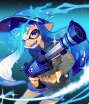  1girl :d blue_eyes blue_hair blue_tongue cowboy_shot domino_mask fang glowing glowing_eye grey_hoodie grey_shorts h-3_nozzlenose_(splatoon) holding hood hood_down hoodie inkling legs_apart long_hair long_sleeves looking_at_viewer mask o_(maru14mori) open_mouth pointy_ears purple_headwear shorts smile solo splatoon splatoon_(series) splatoon_2 suction_cups teeth tentacle_hair visor_cap 