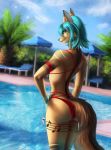  anthro bikini butt canid canine clothed clothing elvofirida female hair lens_flare mammal outside solo standing swimming_pool swimsuit 
