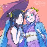  2girls bangs bare_arms black_hair blue_eyes bun_cover chinese_clothes cosplay costume_switch eyes_closed female gintama haori holding holding_umbrella japanese_clothes kagura kimono long_hair multiple_girls obi orange_hair pink_background sash simple_background smile tokugawa_soyo twintail umbrella 