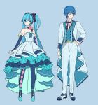  1boy 1girl akiyoshi_(tama-pete) alternate_costume argyle argyle_legwear arm_at_side arms_at_sides black_ribbon blue_background blue_dress blue_eyes blue_footwear blue_hair blue_nails blue_ribbon choker dress elbow_gloves eyebrows_visible_through_hair fingerless_gloves flower formal frilled_dress frills full_body gloves hand_in_pocket hatsune_miku headset jacket kaito long_hair nail_polish pants pantyhose parted_lips pink_flower pink_rose ribbon ribbon_hair rose short_dress simple_background smile standing strapless strapless_dress twintails very_long_hair vocaloid waiscoat 