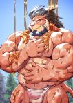  abs arsalan clothing erection felid fundoshi green_hair hair japanese_clothing lion male mammal mature_male muscular muscular_male nipples oil pantherine pecs penis sheer_clothing taoren tokyo_afterschool_summoners translucent transparent_clothing underwear video_games 