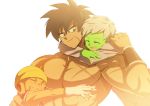  1girl 2boys :d ^_^ arms_around_neck black_eyes black_hair broly_(dragon_ball_super) cheelai closed_eyes commentary_request dragon_ball dragon_ball_super_broly eyes_closed gloves hand_on_another&#039;s_shoulder hat hug korean_commentary lemo_(dragon_ball) libeuo_(liveolivel) looking_at_another multiple_boys muscle open_mouth scar shaded_face shirtless short_hair simple_background smile sunlight upper_body white_background white_gloves white_hair wristband 