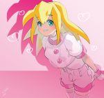  1girl alternate_color belt blonde_hair blush breasts buttons eyebrows_visible_through_hair female gloves green_eyes grin hair_between_eyes heart highres leaning_forward long_hair medium_breasts pink_background rockman rockman_dash roll_caskett shadow shorts sidelocks signature simple_background smile solo sumomo thighhighs white_shorts zettai_ryouiki 