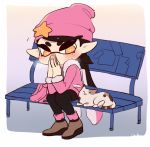  +_+ 1girl animal aori_(splatoon) beanie bench black_hair black_legwear brown_footwear calico cat coula_cat covered_mouth domino_mask full_body fur-trimmed_sleeves fur_trim hands_together hands_up hat hat_ornament jacket long_hair long_sleeves mask mole mole_under_eye multicolored_hair orange_eyes pantyhose pink_hair pink_headwear pink_jacket pointy_ears sitting splatoon splatoon_(series) splatoon_2 star symbol-shaped_pupils tentacle_hair two-tone_hair 