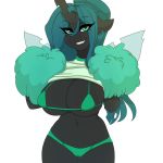  2019 absurd_res animated bikini changeling clothing female friendship_is_magic grin hair hi_res horn looking_at_viewer micro_bikini my_little_pony navel pom_poms queen_chrysalis_(mlp) simple_background smile solo swimsuit tolsticot white_background 