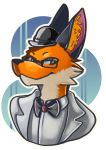  amber ambiguous_gender boop bow_tie bowler_hat canid canine classy clothing coat digital_media_(artwork) dis dis_the_fox eye-wear eyewear female feral fox foxxo fur hat hi_res invalid_color mammal scientist simple_background smile snoot suit white_suit 
