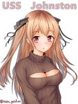  1girl breasts brown_eyes brown_sweater center_opening character_name cleavage cleavage_cutout commentary_request highres johnston_(kantai_collection) kantai_collection light_brown_hair long_hair medium_breasts meme_attire open-chest_sweater ribbed_sweater shadow simple_background solo sweater turtleneck two_side_up upper_body usen_genkou white_background 