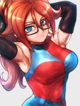  1girl android_21 armpits arms_up black-framed_eyewear blue_eyes breasts brown_hair checkered checkered_dress closed_mouth collarbone commentary_request curly_hair detached_sleeves dragon_ball dragon_ball_fighterz dress earrings expressionless glasses hoop_earrings jewelry long_hair looking_at_viewer medium_breasts sleeveless sleeveless_dress solo st62svnexilf2p9 two-tone_dress upper_body very_long_hair 