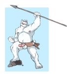  2019 4_toes 5_fingers anthro balls blush censored erection eyes_closed humanoid_penis hyenaface ineffective_censorship male mammal melee_weapon mostly_nude muscular muscular_male nipples penis polar_bear polearm pose simple_background smile solo spear toes ursid ursine weapon 