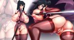  1girl areolae bangs black_hair blush breasts clitoris curvy g_y_t gloves hip_focus huge_breasts legs_up long_hair looking_back looking_down navel nipples original pubic_hair purple_eyes pussy see-through shiny shiny_skin simple_background smile solo spread_legs stockings sweat sword thighs uncensored weapon 