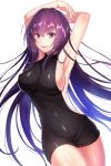  1girl armpits arms_behind_head arms_up backless_dress backless_outfit bangs bare_shoulders black_sweater blush breasts dress fate/grand_order fate_(series) hair_between_eyes hair_intakes hanasaki_mahiru large_breasts long_hair looking_at_viewer meme_attire naked_sweater parted_lips purple_hair red_eyes ribbed_sweater scathach_(fate)_(all) scathach_(fate/grand_order) shiny shiny_hair sideboob simple_background smile solo sweater sweater_dress thighs turtleneck turtleneck_sweater virgin_killer_sweater white_background 