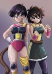  2girls arm_at_side armor bare_arms bare_shoulders black_hair clenched_hands dragon_ball dragon_ball_super_broly dragonball_z fingernails frown gine gloves gogo77_bb gradient gradient_background grey_background hand_on_hip highres leotard looking_at_viewer looking_away monkey_tail multiple_girls pantyhose pink_background seripa short_hair simple_background single_thighhigh smile standing tail thighhighs thighs v-shaped_eyebrows very_short_hair white_gloves wristband yellow_legwear 