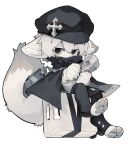 anthro claws clothed clothing fur grey_eyes hair hat headwear holding_object moonagvaze paws simple_background sitting solo white_background white_fur white_hair 