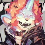  ambiguous_gender black_nose blue_eyes clothed clothing collar fur hair horn jacket looking_at_viewer moonagvaze open_mouth painting piercing simple_background teeth tongue white_eyelashes 