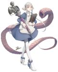  1girl anotherxalice blue_dress book cartolaio dress full_body holding holding_book long_hair long_sleeves monster needle official_art pantyhose silver_hair simple_background skeleton spade_(shape) standing syringe teeth twintails white_background white_footwear white_legwear worms 