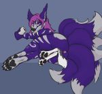  2018 ambiguous_gender anthro anus butt canid canine digital_media_(artwork) duo female female_pred fur hair hi_res hindpaw katlin looking_at_viewer mammal multi_tail nude pawpads paws phone poojawa purple_fur purple_hair pussy simple_background unbirthing vore white_fur 
