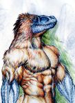  abs anthro biceps black_scales brown_feathers dinosaur dromaeosaurid dromaeosaurus feathered_dinosaur feathers hakutouwasi half-length_portrait looking_at_viewer male muscular muscular_male pecs portrait reptile scales scalie side_view simple_background solo standing theropod traditional_media_(artwork) 