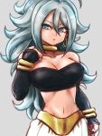  1girl android_21 bandeau bare_shoulders black_nails blue_eyes bracelet breasts cleavage collarbone commentary_request cosplay curly_hair detached_sleeves dragon_ball dragon_ball_fighterz earrings hand_up harem_pants hoop_earrings jewelry long_hair looking_at_viewer majin_android_21 majin_android_21_(cosplay) medium_breasts nail_polish navel neck_ring pants parted_lips ring solo st62svnexilf2p9 very_long_hair white_hair white_pants 