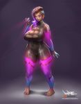  1girl breasts brown_hair cleavage cleavage_cutout curvy dark_skin feet full_body gradient_hair large_breasts multicolored_hair nail_polish overwatch pinkdrawz plump purple_hair solo sombra_(overwatch) standing tagme thick_thighs thighs wide_hips 