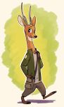  2019 anthro antlers bag barefoot cervid cheek_tuft clothed clothing fuel_(artist) green_background head_tuft hi_res horn looking_at_viewer male mammal micah_(fuel) simple_background smile solo tuft walking white_background wristband 