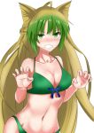  1girl ahoge animal_ears atalanta_(fate) blonde_hair blush bow_bikini breasts cat_ears claw_pose collarbone cowboy_shot fate/apocrypha fate/grand_order fate_(series) glaring green_eyes green_hair groin highres long_hair medium_breasts multicolored_hair navel nose_blush ryuunonon solo swimsuit white_background 