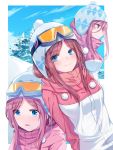  1girl blue_eyes blue_sky blush brown_hair closed_mouth eyebrows_visible_through_hair go-toubun_no_hanayome goggles goggles_on_head hat highres jacket long_hair looking_at_viewer nakano_miku oenothera open_mouth outdoors skiing sky smile snow tree 