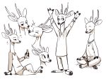  2019 anthro antlers bag barefoot blep bottle cervid cheek_tuft clothed clothing crossed_legs drunk eyes_closed fuel_(artist) greyscale half-closed_eyes head_tuft holding_object horn jewelry laugh looking_at_viewer male mammal micah_(fuel) mlem monochrome multiple_poses necklace open_mouth open_smile pose raised_arm simple_background sitting smile solo tongue tongue_out tuft white_background wristband 