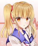  1girl angel_beats! bangs blonde_hair commentary_request dotted_background eyebrows_visible_through_hair eyes_visible_through_hair hair_ornament hair_ribbon hand_to_headset headset highres key_(company) long_hair long_sleeves looking_at_viewer looking_to_the_side microphone open_eyes open_mouth orange_eyes ribbon shinda_sekai_sensen_uniform shirt solo twintails upper_body white_shirt yusa_(angel_beats!) zuzuhashi 