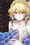  1girl bare_shoulders blonde_hair blush braid breasts checkered cleavage collarbone commentary eyebrows_visible_through_hair flower hair_between_eyes hair_flower hair_ornament holding kicori knit_(pop&#039;n_music) looking_at_viewer off_shoulder orange_eyes pop&#039;n_music short_hair solo upper_body white_flower 