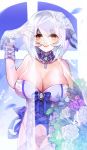  1girl alternate_costume azur_lane bangs bare_shoulders bouquet bow breasts bridal_veil cleavage detached_collar dress flower garter_straps hair_between_eyes hair_flower hair_ornament hairband highres lace lace-trimmed_hairband large_breasts lingerie looking_at_viewer red_eyes short_hair silver_hair sirius_(azur_lane) smile thighhighs underwear veil vv_(19357635) wedding_dress 