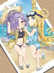  2girls ass bare_arms bare_shoulders bikini black_bikini blonde_hair blush bow breasts charlotta_fenia collarbone crown curly_hair drinking female goggles granblue_fantasy hair_over_one_eye hat highres long_hair multiple_girls navel nio_(granblue_fantasy) one-piece_swimsuit open_clothes photo_(object) pointy_ears purple_eyes purple_hair sand shi_ecchi shoe_soles small_breasts standing standing_on_one_leg sun_hat swimsuit water white_bow 