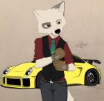  2019 anthro black_nose brown_eyes canid canine car classy clothed clothing dress_shirt fur gloves gloves_(marking) male mammal markings multicolored_fur necktie shirt solo standing suit teiko teikowouf_(artist) tuft vehicle vest waistcoat white_fur 
