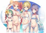  4girls ahoge anotherxalice artist_name bikini black_bikini blonde_hair blue_bikini blue_sky braid breasts cleavage cloud day flat_chest flower food green_eyes green_hair hair_flower hair_ornament hand_on_own_chest hands_on_hips highres ice_cream ice_cream_cone innertube large_breasts long_hair looking_at_viewer medium_breasts multiple_girls navel nyasunyadoora ocean outdoors pose purple_eyes purple_hair red_bikini short_hair side-tie_bikini sky sling_bikini_top small_breasts striped striped_bikini swimsuit twin_braids twintails v very_long_hair white_bikini 