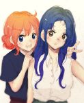  2girls bangs bare_arms blue_eyes blue_hair blush brown_eyes bun f_ca_ female gintama hair_between_eyes hand_gesture head_tilt kagura_(gintama) long_hair multiple_girls open_mouth orange_hair short_hair simple_background tokugawa_soyo v white_background 