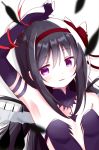  akuma_homura arm_up armpits black_hair blush breasts dutch_angle elbow_gloves feathers gloves highres long_hair mahou_shoujo_madoka_magica mahou_shoujo_madoka_magica_movie purple_eyes red_headband red_ribbon ribbon small_breasts tsubaki_(tatajd) white_background wings 