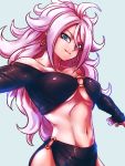  1girl adapted_costume android_21 bare_shoulders blue_eyes breasts cleavage collarbone commentary_request curly_hair dragon_ball dragon_ball_fighterz earrings flat_color grey_background hands_up hoop_earrings jewelry long_hair looking_at_viewer majin_android_21 medium_breasts navel o-ring o-ring_bottom o-ring_top parted_lips pink_skin revealing_clothes ring smile solo st62svnexilf2p9 stomach underboob very_long_hair white_hair 