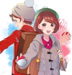  1boy 1girl :d back-to-back backpack bag bangs bobblehat brown_eyes brown_hair cardigan collared_shirt creatures_(company) eyebrows_visible_through_hair female_protagonist_(pokemon_swsh) game_freak green_headwear grey_cardigan grey_headwear highres holding holding_poke_ball long_sleeves looking_at_viewer male_protagonist_(pokemon_swsh) motu0505 nintendo open_mouth outline pink_shirt poke_ball poke_ball_(generic) pokemon pokemon_(game) pokemon_swsh shirt short_hair smile swept_bangs tam_o&#039;_shanter teeth white_outline 