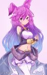  1girl adapted_costume animal_ears bare_shoulders blue_hair blush breasts bunny_ears cleo_(dragalia_lost) commentary dated detached_sleeves dragalia_lost english_commentary eyebrows_visible_through_hair gradient_hair hair_down lavender_background long_hair looking_at_viewer medium_breasts midriff miniskirt multicolored_hair navel no_headwear own_hands_together punished_pigeon purple_eyes purple_hair simple_background skirt smile solo thighhighs very_long_hair watermark white_legwear white_skirt 
