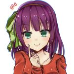  1girl angel_beats! bangs blush bow closed_mouth collarbone commentary_request eyebrows_visible_through_hair green_eyes hair_bow hair_ornament hair_ribbon hairband hand_on_own_cheek key_(company) long_hair long_sleeves looking_at_viewer open_eyes purple_hair red_shirt ribbon shirt simple_background smile solo t-shirt upper_body white_background yuri_(angel_beats!) zuzuhashi 