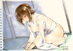  1girl artist_name bangs barefoot blush bowing brown_eyes brown_hair commentary_request dated girls_und_panzer half-closed_eyes indoors japanese_clothes kiasa kimono long_sleeves nishizumi_maho obi photo_(object) sash seiza short_hair signature sitting solo sweat traditional_media white_kimono wide_sleeves 